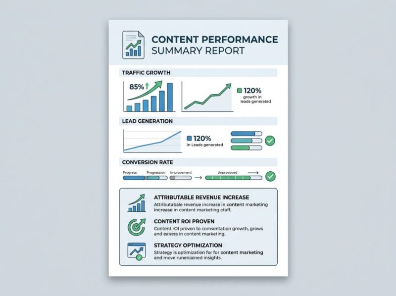 Screenshot of a content marketing performance dashboard displaying key metrics like traffic, engagement, and conversion rates.