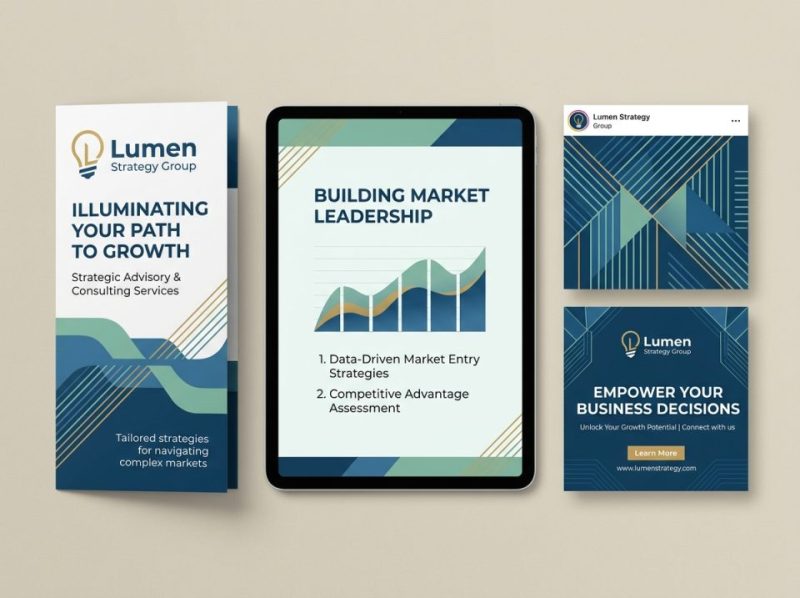 A collection of marketing collateral, including brochures, business cards, and social media graphics, all unified by a consistent brand identity.