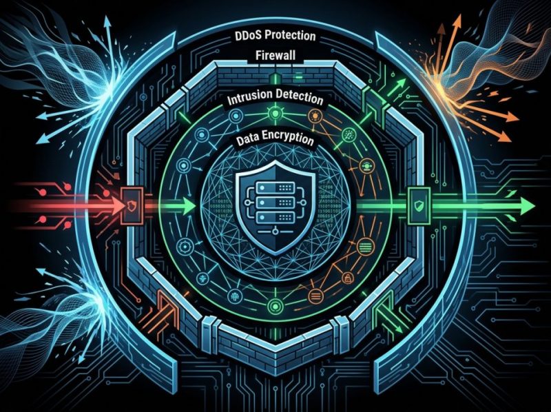 Conceptual illustration of a fortified server architecture with multiple layers of defense, symbolizing robust website security hardening.