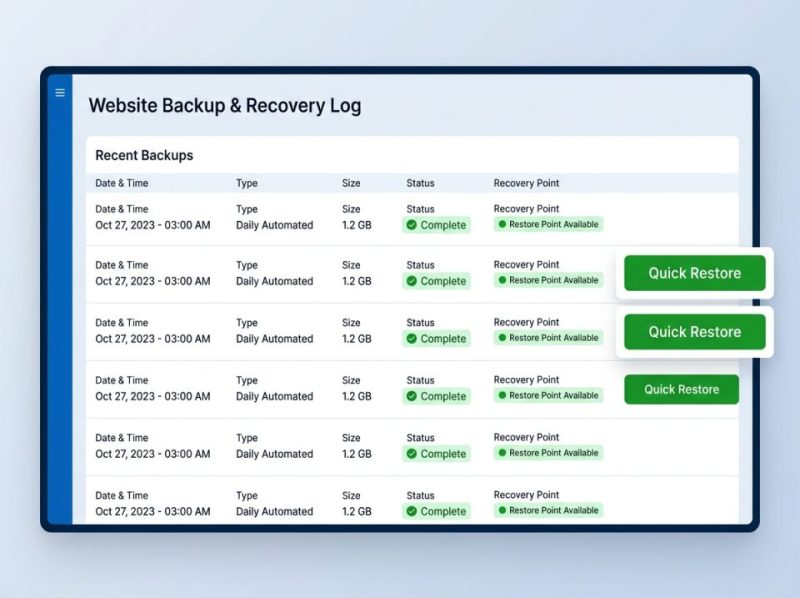 Image showing a successful website backup log, with multiple secure restore points listed, indicating protection for critical data.